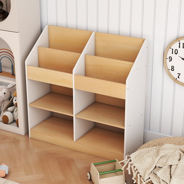 Vaikiška knygų lentyna / žaislų lentyna mažyliams su 4 vertikaliais kubeliais ir 4 skyreliais daiktams laikyti